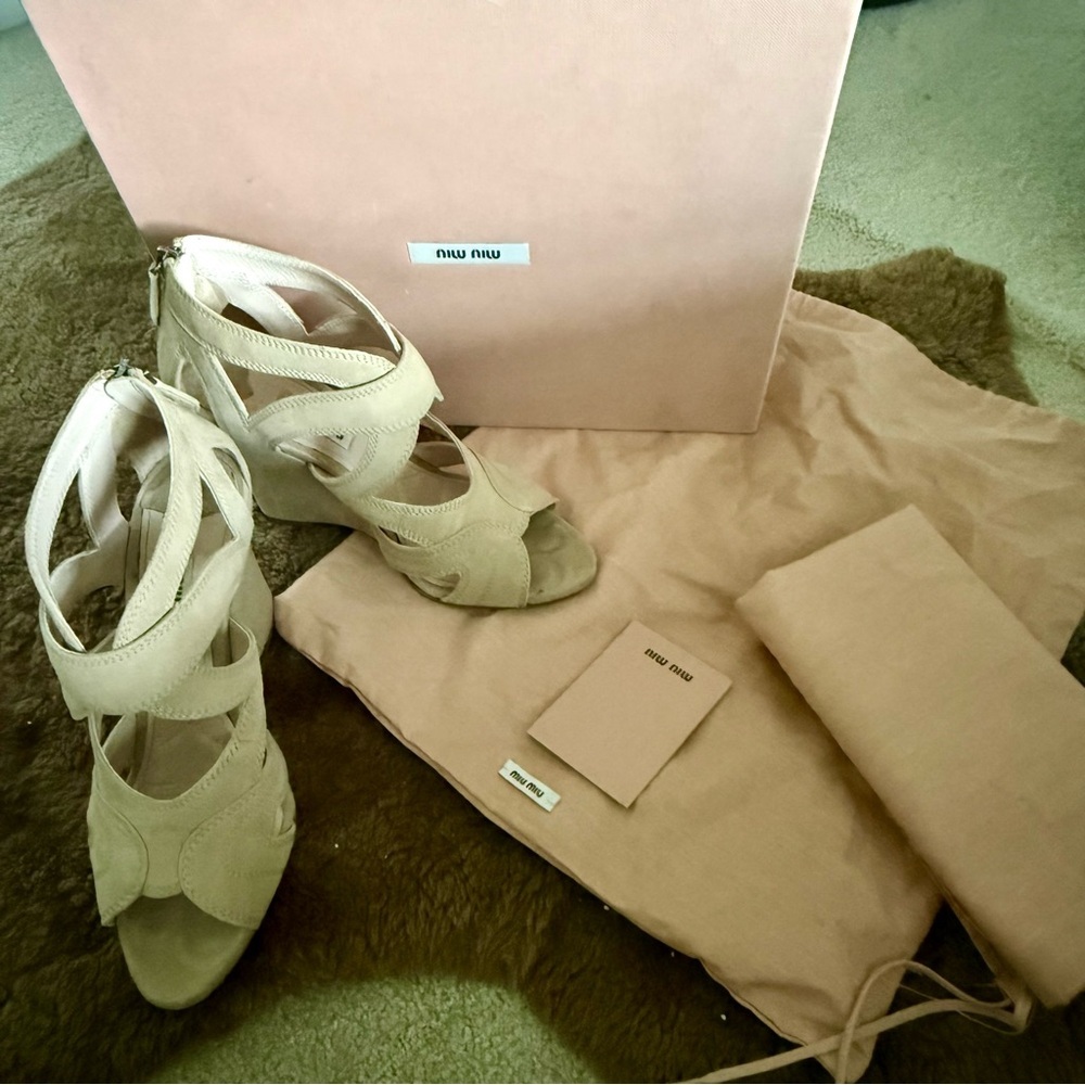 Miu Miu Tan Suede Wedge Sandals with cutout Design
